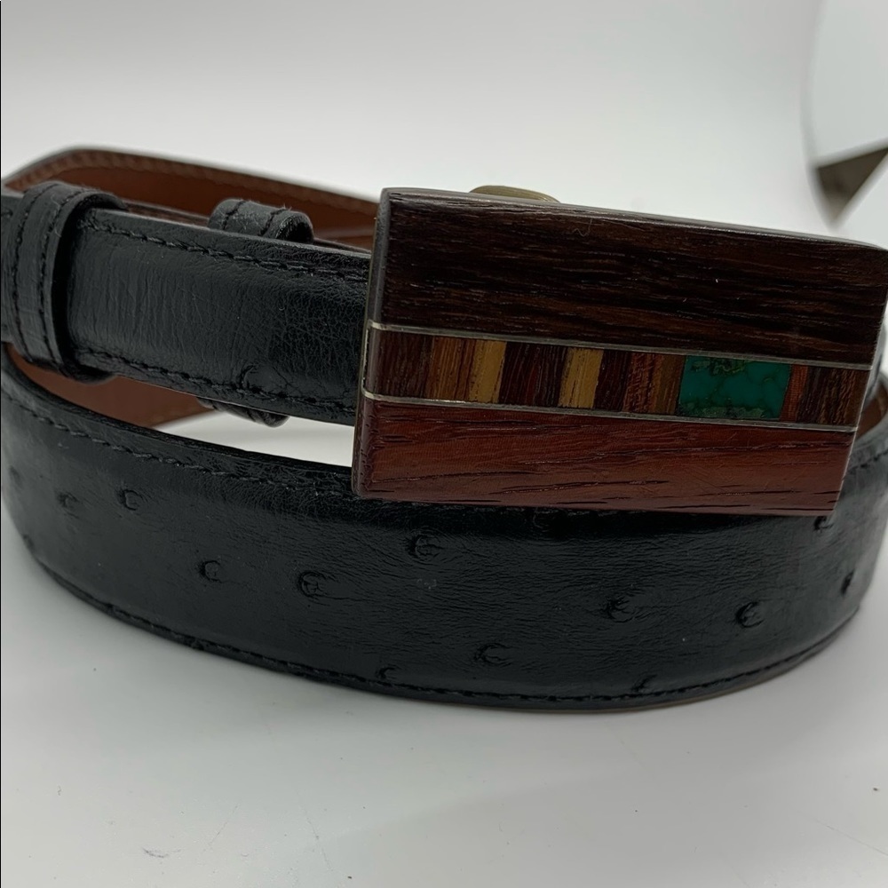 VINTAGE INLAY WOODEN & TURQUOISE BUCKLE AND OSTRICH BELT 26 - Picture 2 of 6